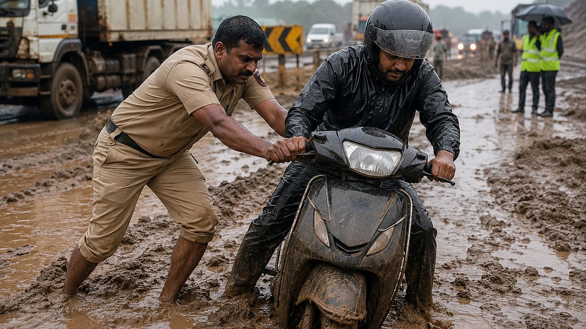 Mumbai-Nashik Highway Officer Rescues Rider Trapped In Mud