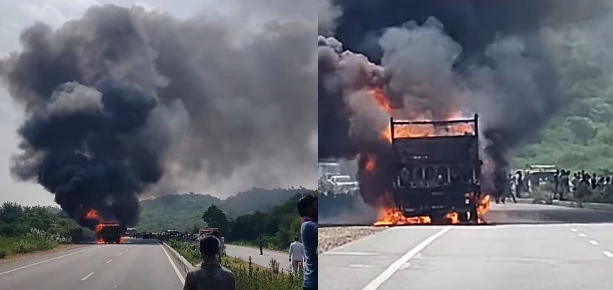 Truck Catches Fire On NH-52 In Rajasthan's Hindoli