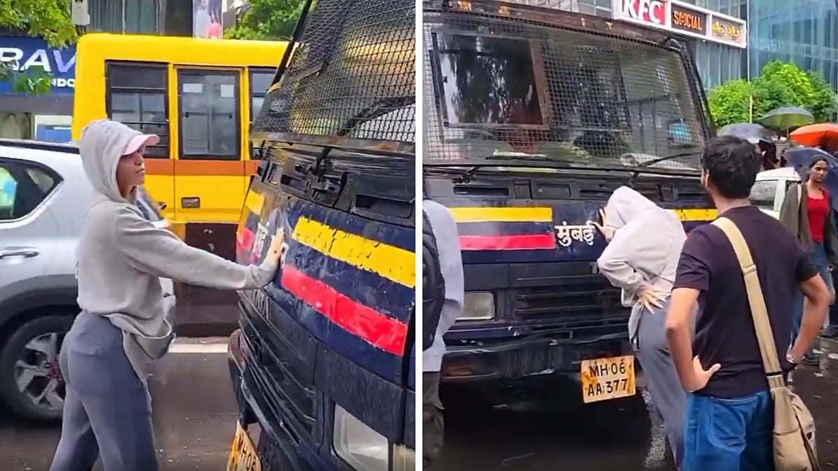 Woman Blocks Police Van in Mumbai Protest