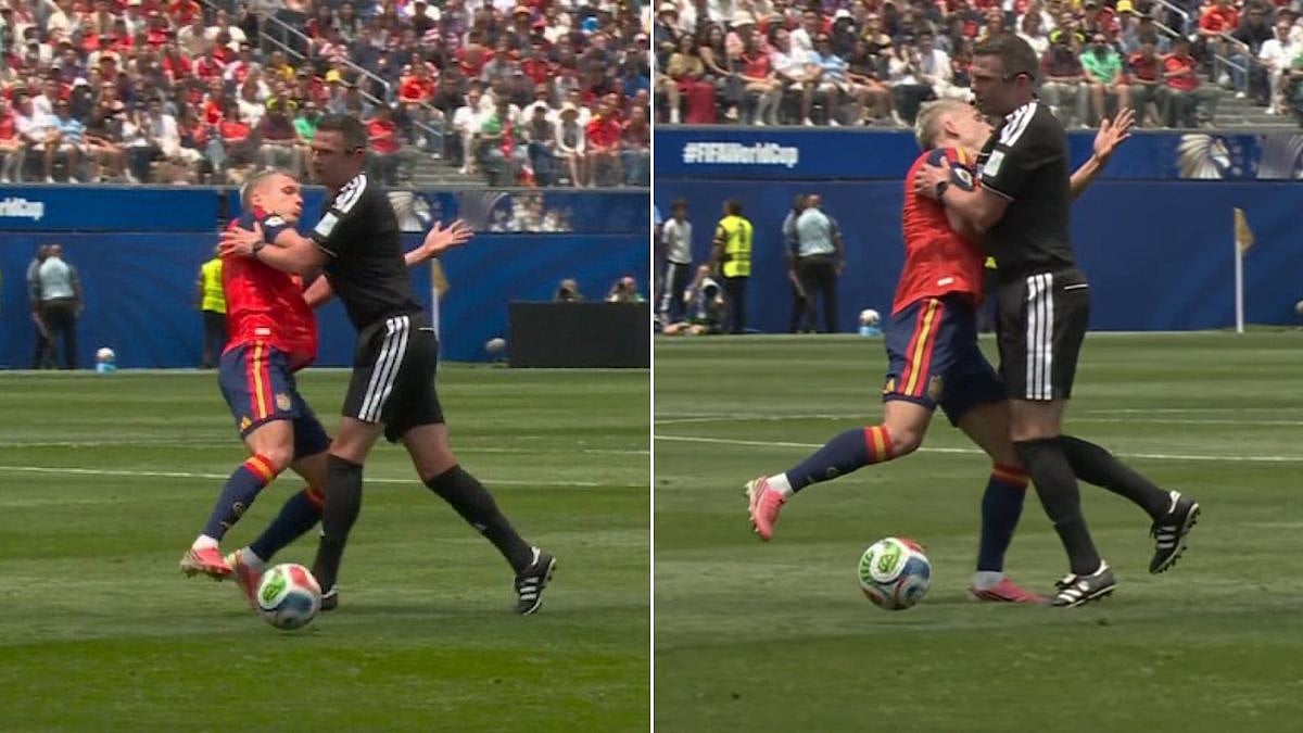 Referee Accidentally Tackles Spain's Dani Olmo