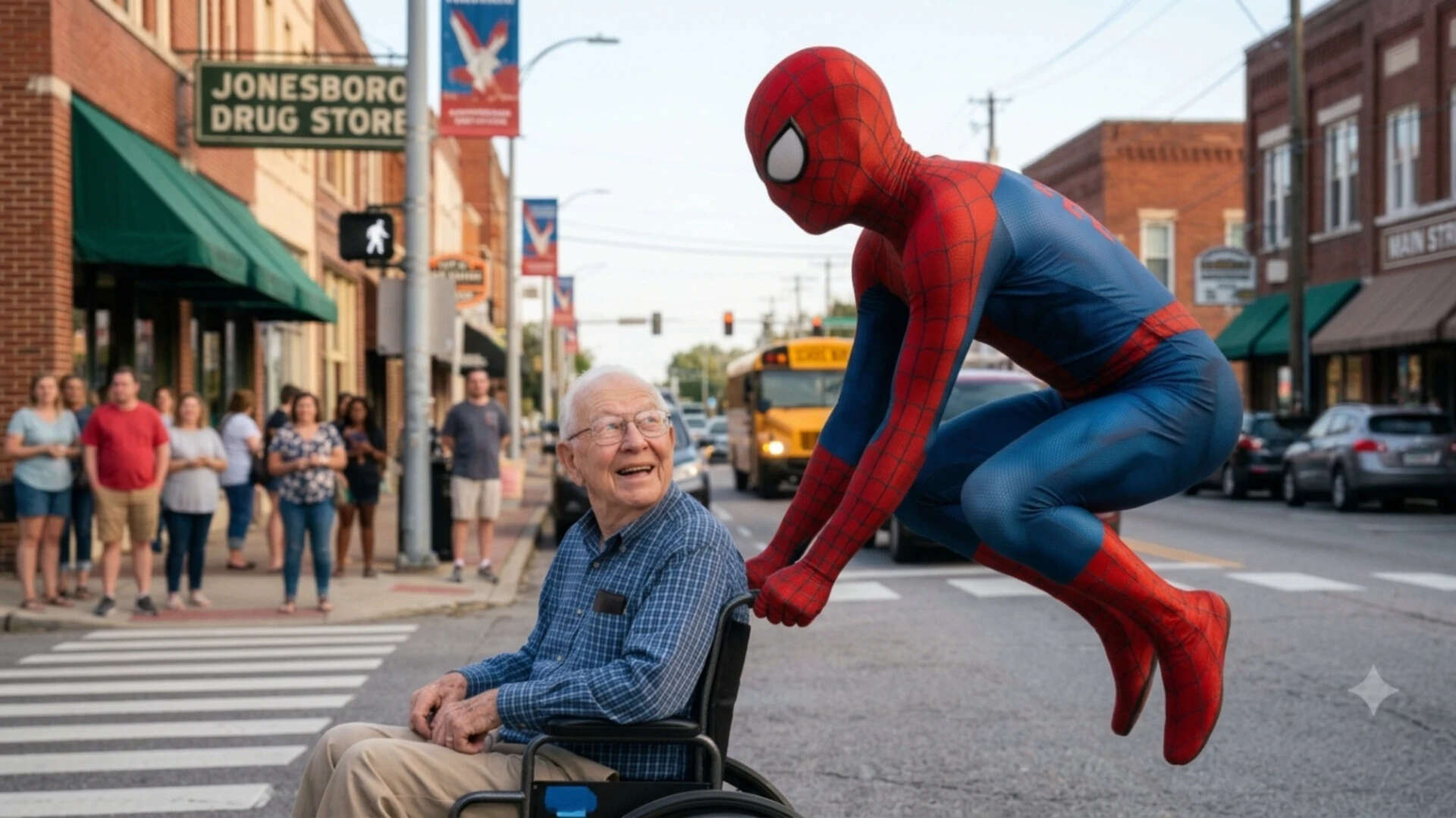 Spider-Man Helps Wheelchair User Cross Busy US Road