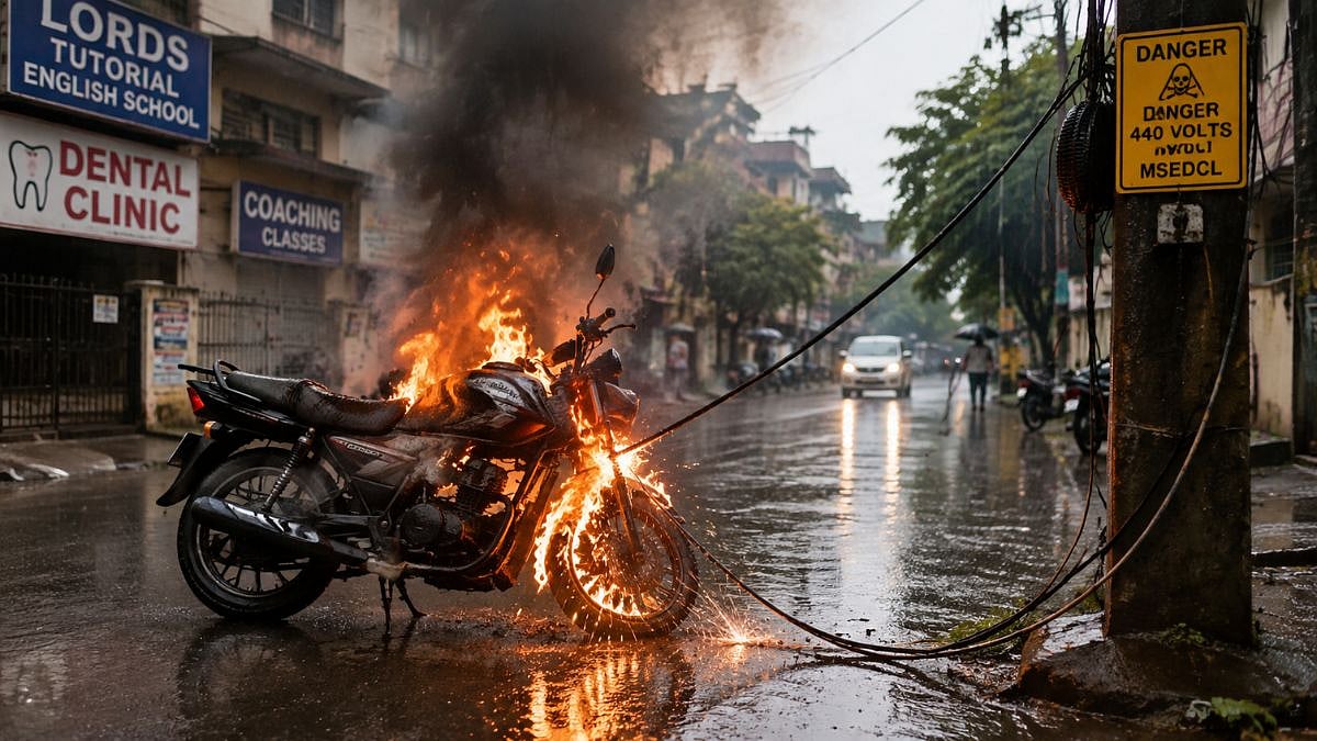 MSEDCL Power Line Falls, Bike Catches Fire in Nalasopara East