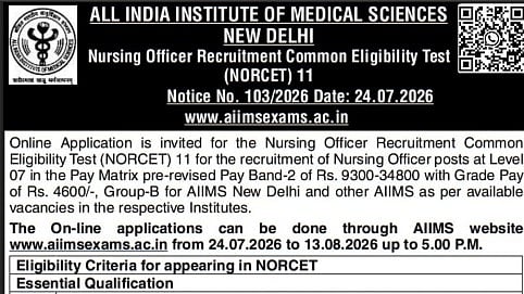 AIIMS Releases NORCET 11 Notification For Nursing Officer Posts